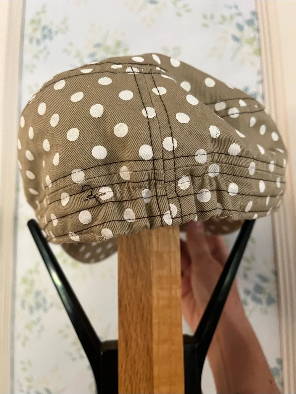 Tan Polka Dot Cap with Rhinestone Cross Applique